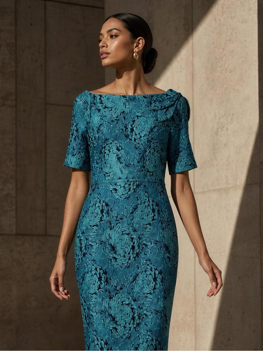 Teri Jon Teal Floral Jacquard Midi Sheath Dress